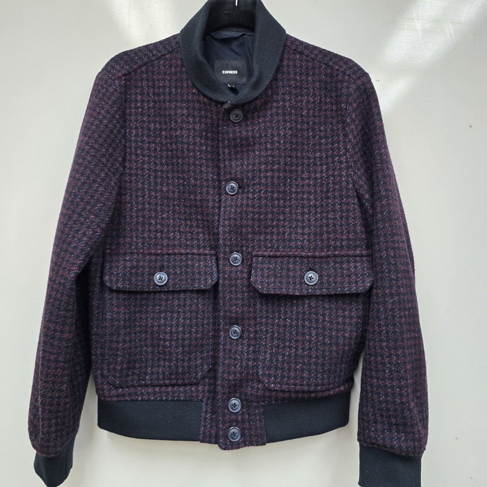 Express Check Plaid Houndstooth Wool-Blend Bomber Jacket Small Preppy Classic‎